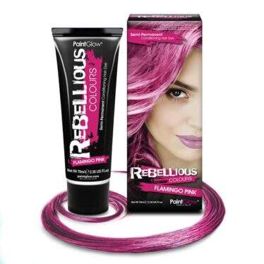 Tube de coloration cheveux rose Flamingo Pink Rebellious avec son emballage et mèche de présentation