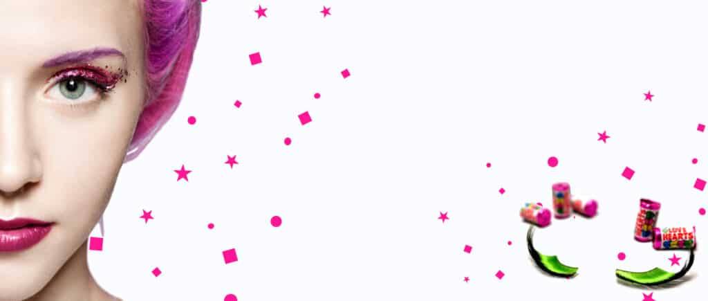 Paillettes roses sur fond blanc