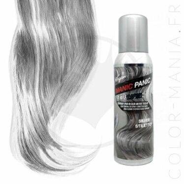 Flacon de spray Manic PAnic Argent et visualisation du rendu sur mèche de cheveux