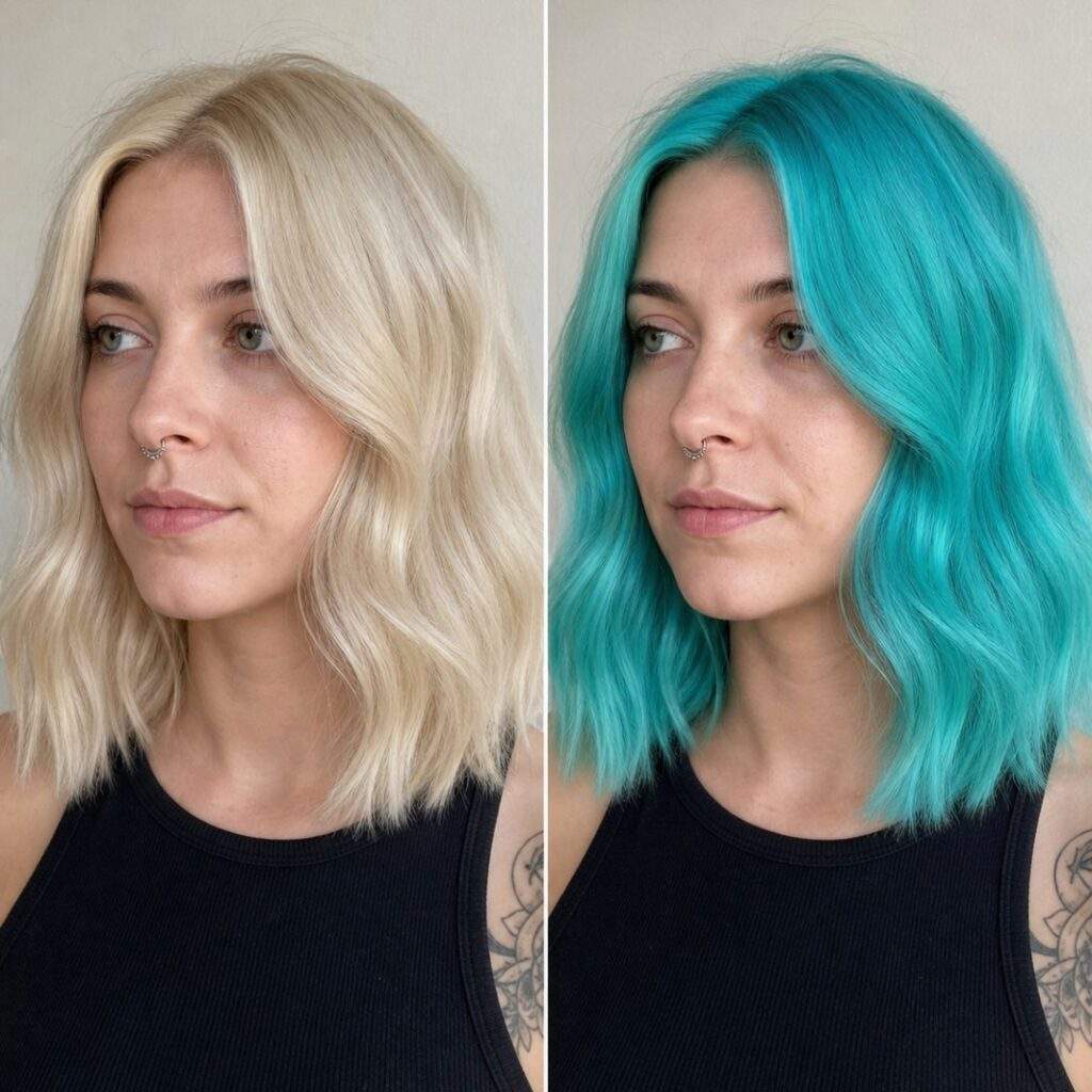 avant apres turquoise base decoloree